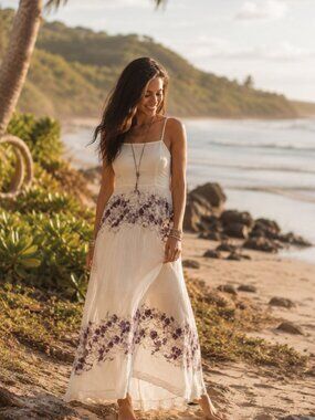 Free People Babydoll Maxi in White Cream Combo cottagecore coquette HTF RARE